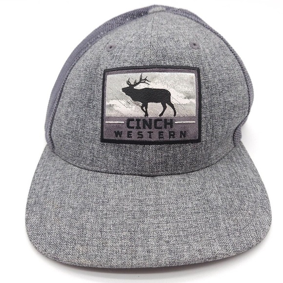 Cinch Western Snapback Trucker Mesh Elk Patch Hat Adjustable Gray Baseball Cap - Picture 2 of 8